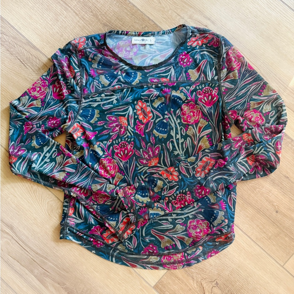 NATURAL LIFE Floral Long Sleeve Mesh Shirt - Pink and Green